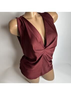 Corey Womens Size 2 Plunging V-Neck Draped Knot Front Sleeveless Top Maroon EUC